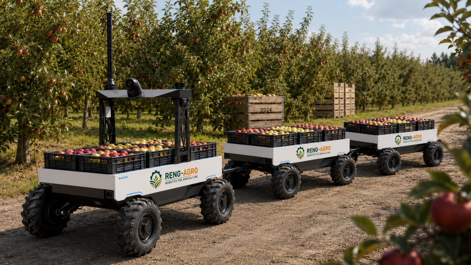 RENG-AGRO C35 с двумя тележками, загруженными яблоками